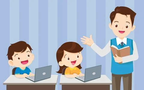 Teacher presenting computer learning and students boy ,girl sitting in class Stock Illustration