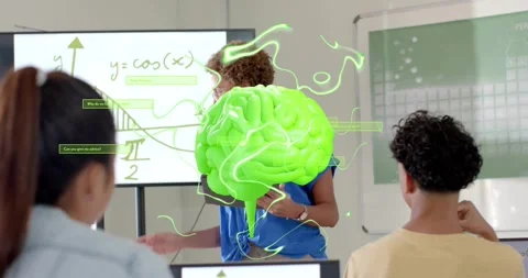 Teacher presenting cosine graph while student tapping monitor triggers AR brain Stock Footage 330601008