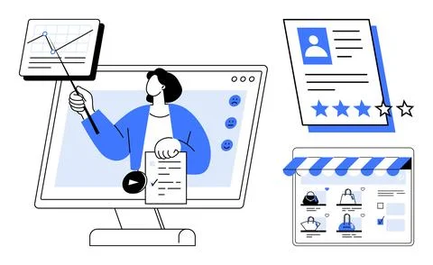 Teacher presenting data on screen, customer profile with rating, and e-commer Stock Illustration