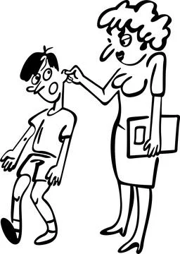 The teacher pulls the student by the ear 库存插图