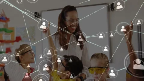 Teacher raising finger while students doing lab, animated nodes expanding over Video stock 329929150
