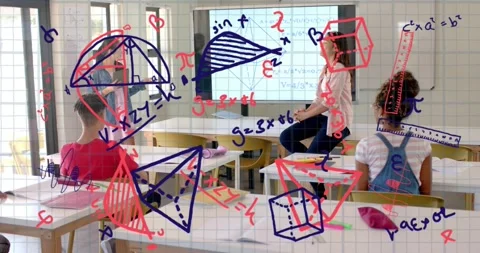 Teacher raising hand pointing at screen as doodles overlaying marking math Stock Footage 330575414
