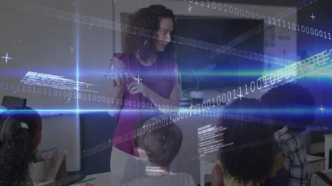 Teacher raising pink brain model, teaching anatomy in class and causing binary Stock Footage 334315911