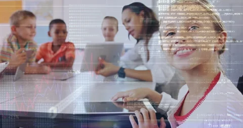 Teacher raising tablet starting digital lesson, children tapping tablets as data Stock Footage 312281263