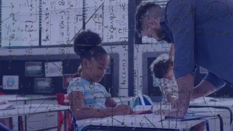 Teacher reaching for workbook, guiding student writing and math while equations Stock Footage 334368628