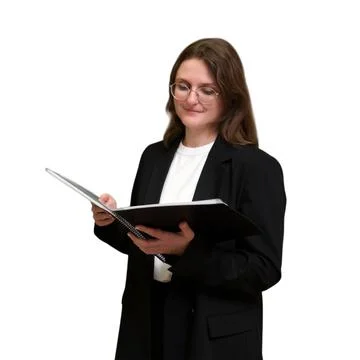 Teacher reading documentation in folder. Professional woman wearing glasses s Stock Photos