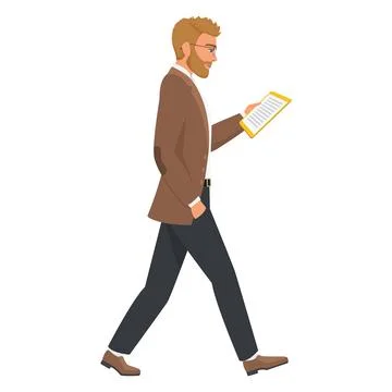 Teacher reading paper document, presentation on clipboard while walking Stock Illustration