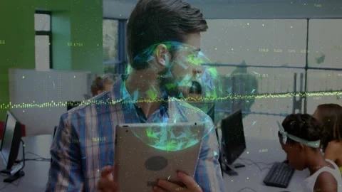 Teacher reading tablet in school lab and activating holographic globe while Stock Footage 326189483