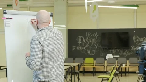 Teacher records mathematics lessons, he stands and writes with a pen on a flip 스톡 동영상 156338522