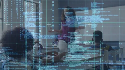 Teacher rising and gesturing, teaching students raising hands while blue code Stock Footage 321783353