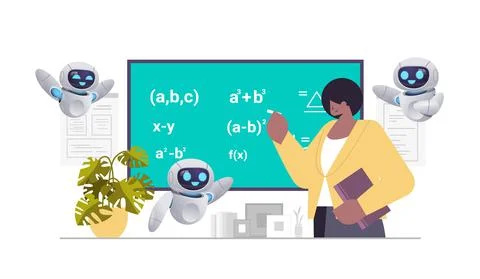 Teacher with robots solving math problem on digital chalkboard during lesson Stock Illustration