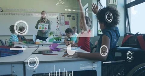 Teacher showing leaf poster and guiding craft class drawing and raising hands AR Stock Footage 331214169