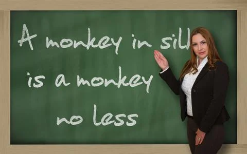 Teacher showing a monkey in silk is a monkey no less on blackboard Stock Photos