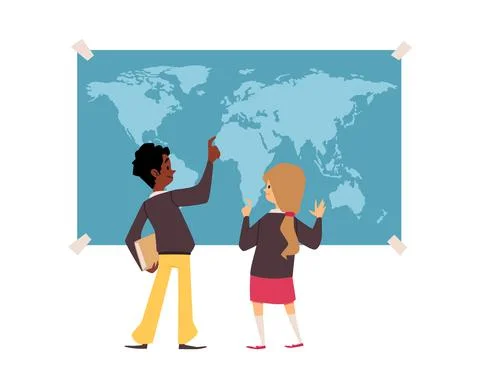 Teacher shows student world map, flat vector illustration isolated on white Illustrazione stock
