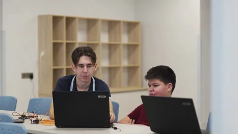 Teacher shows web design tools on laptop to teenage student Stock Footage 274069819