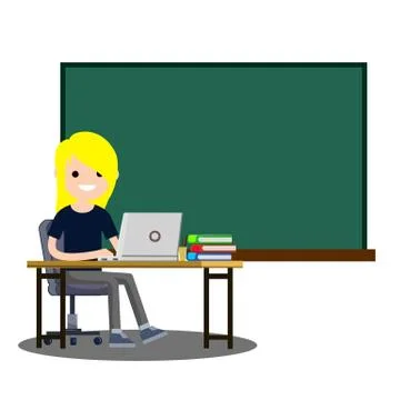 Teacher sits at table near empty chalkboard. Stock Illustration