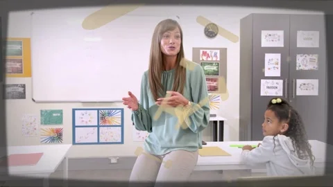 Teacher sitting speaking, teaching class while yellow scribble overlay Stock Footage 332897431