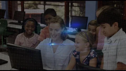 Teacher sitting, students gathering, HUD blue streaks and code emerging over Stock Footage 330540863