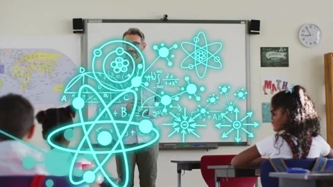 Teacher speaking and gesturing in classroom hologram atoms expanding into math Stock Footage 334372835