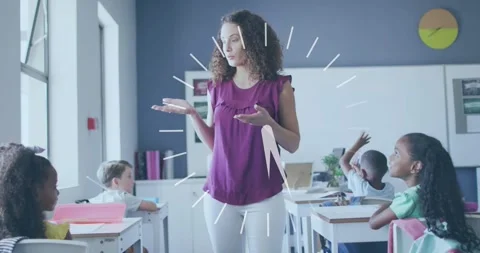 Teacher speaking in classroom while clock overlay fading in encouraging student Stock Footage 317466798
