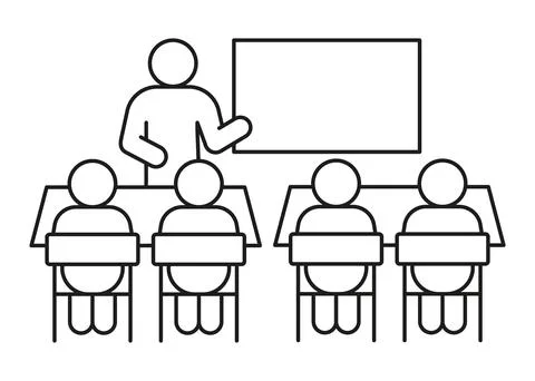 Teacher speech in school class with audience spectator schoolchild, line icon Illustrazione stock