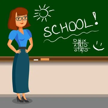Teacher standing on blackboard background in the classroom. Vector Stock Illustration