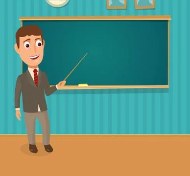 Teacher standing in front and holding pointer. Empty chalkboard Illustrazione stock