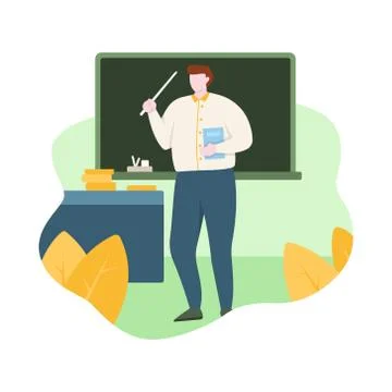 Teacher Standing in front of Classroom with Book Blackboard Flat Design Illus Stock Illustration