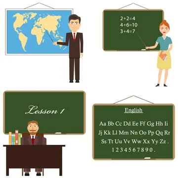 The teacher stands near the board with a pointer, the teacher points at the map Ilustração Stock