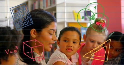 Teacher starting math in library, showing calculator book cube ruler Venn Stock Footage 316191506