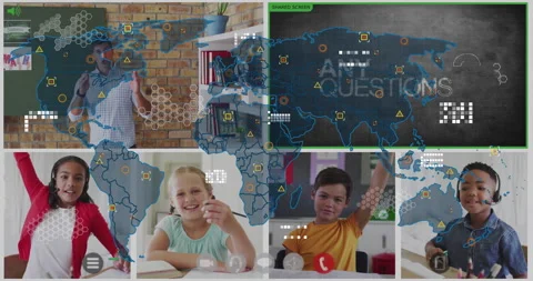 Teacher starting remote lesson splitting screen, overlaying map icons, kids Stock Footage 309895619