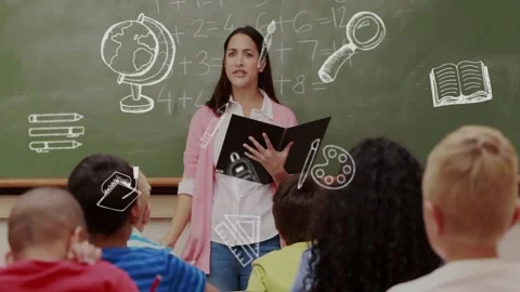 Teacher stepping forward after student raising hand, girl writing math on board, Stock Footage 331832611