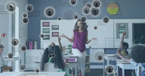 Teacher on stool initiating chat bubbles in classroom, building icon network and Stock-Footage 317486942