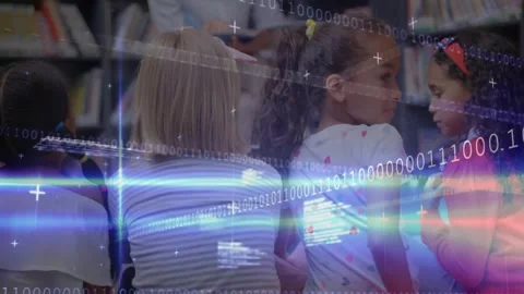 Teacher strumming guitar causing binary light lines drifting across children Stock Footage 328648974