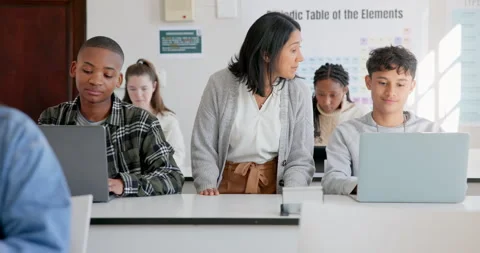 Teacher, students and science, laptop in class with learning, education and Stock Footage 249243230
