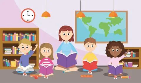 Teacher with students with global map in the classroom Stock Illustration