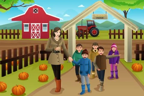 Teacher with Students on a Pumpkin Patch Trip Stock Illustration
