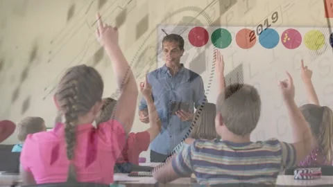Teacher with tablet asking question, class raising fingers to answer as timeline Stock Footage 334337995