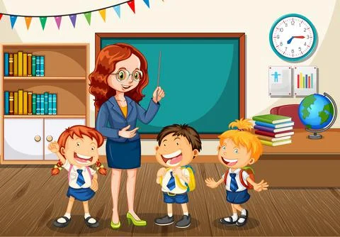 Teacher talking with students in the classroom scene Illustrazione stock