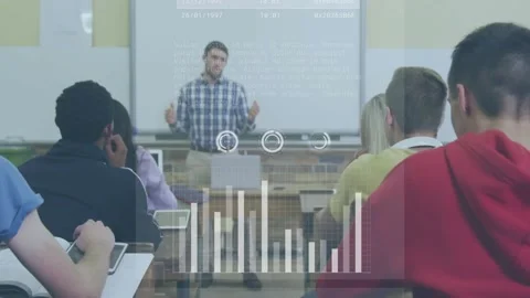 Teacher talking while laptop sending data, HUD charts animating classroom, Stock Footage 332405081