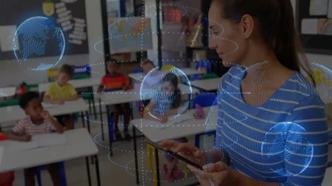Teacher tapping tablet, swiping and creating 3D globes in geography class, Stock Footage 310972577