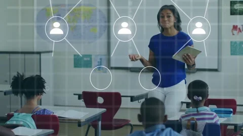 Teacher tapping tablet, teaching classroom while animated user icons forming Stock Footage 334337338