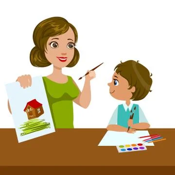 Teacher Teaching a Boy How To Paint, Elementary School Art Class Vector Stock Illustration