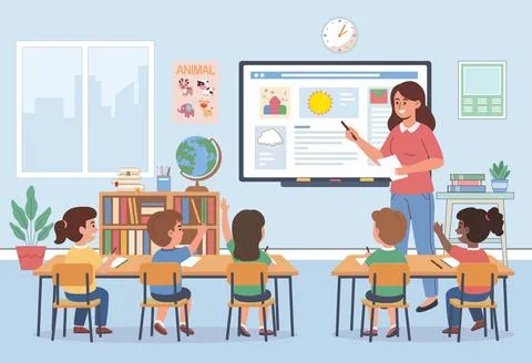Teacher Teaching Children in Classroom with Interactive Digital Board Illustrazione stock