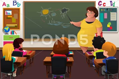 Teacher teaching in a Classroom Stock Illustration