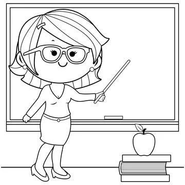 Teacher teaching in the classroom. Vector black and white coloring page. Ilustração Stock