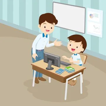 Teacher teaching computer to student boy Stock Illustration