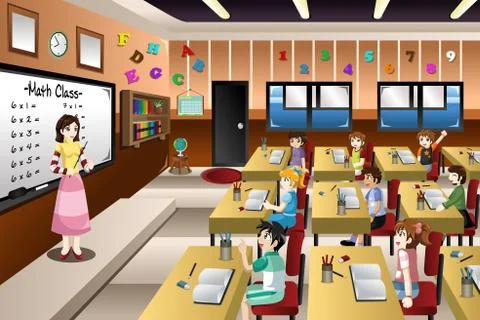 Teacher Teaching Math in Classroom Stock Illustration