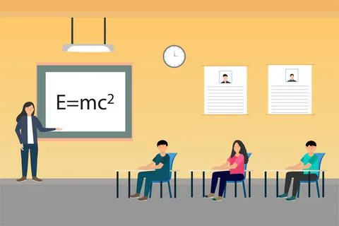 Teacher teaching physics in his classroom with students flat character vector Stock Illustration