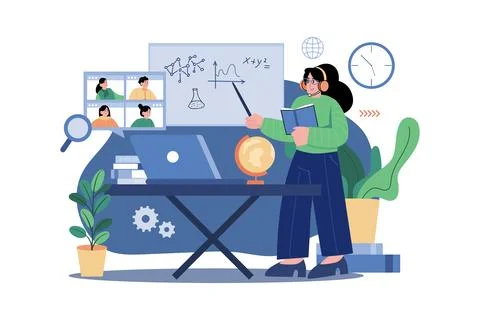 Teacher Teaching Remotely Illustration concept. A flat illustration isolate.. Stock Illustration